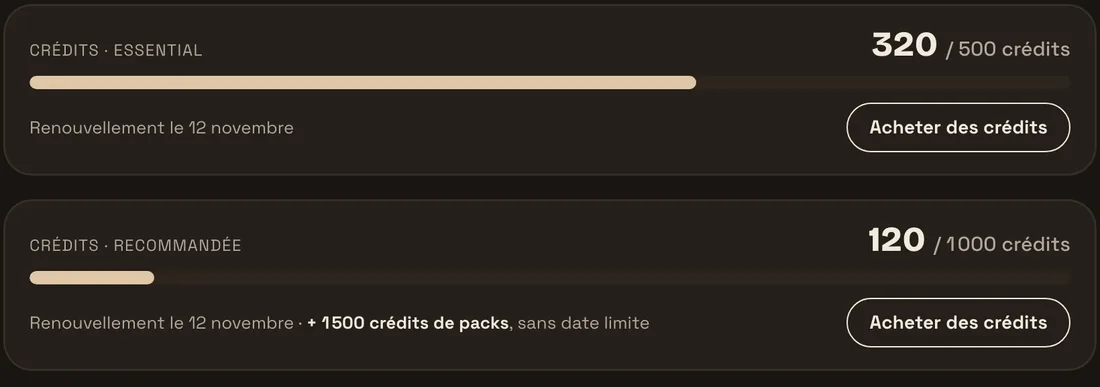 Le solde de crédits du mois et les crédits de packs, affichés dans l'app