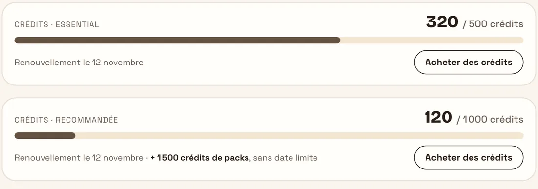Le solde de crédits du mois et les crédits de packs, affichés dans l'app