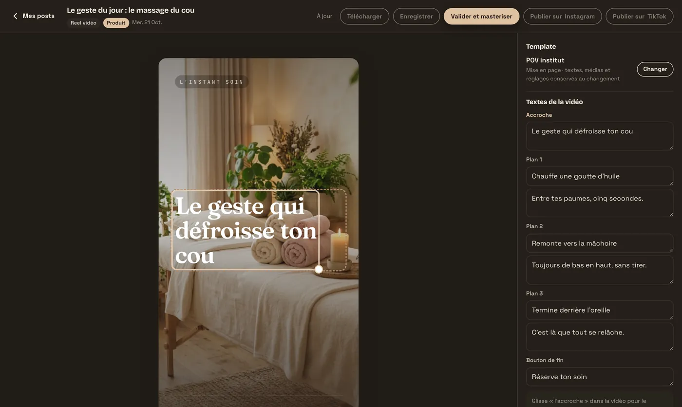 L'éditeur d'un Reel : le texte se modifie et se déplace directement sur la vidéo