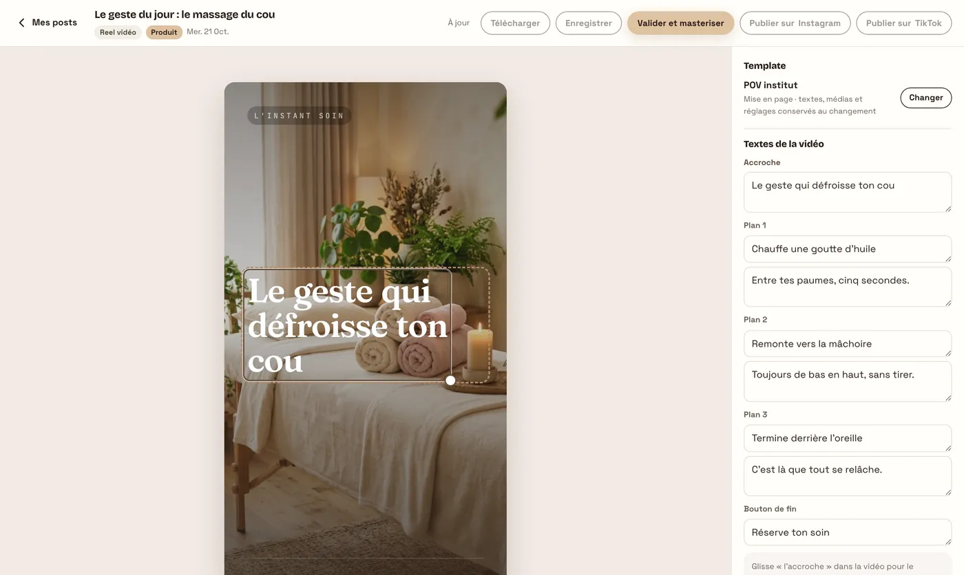 L'éditeur d'un Reel : le texte se modifie et se déplace directement sur la vidéo