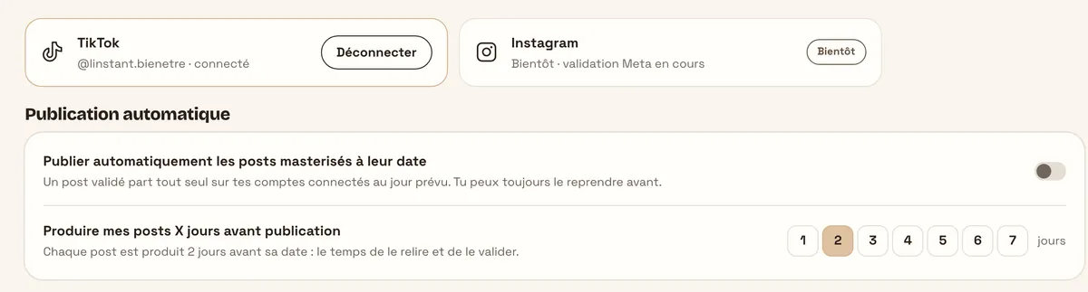 Réglages de production : publication automatique et nombre de jours avant publication